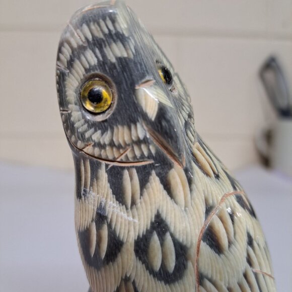 Hand Carved Wood Owl Figurine Intricate Carved Glossy Finish Folk Art Decor - Picture 2 of 10